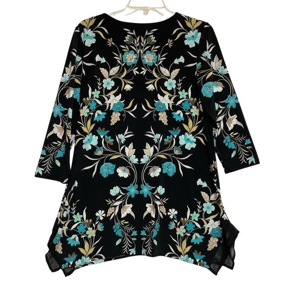JM Collection Keyhole Tunic Blouse, 3/4 Sleeves, Black w/Floral Print, Size S - Picture 2 of 10